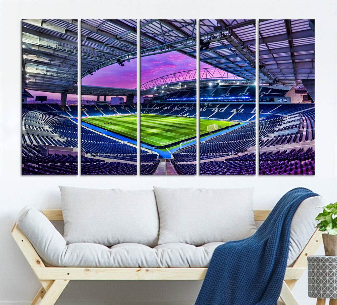 The FC Porto Soccer Team Dragon Stadium Wall Art Canvas Print decorates the room.