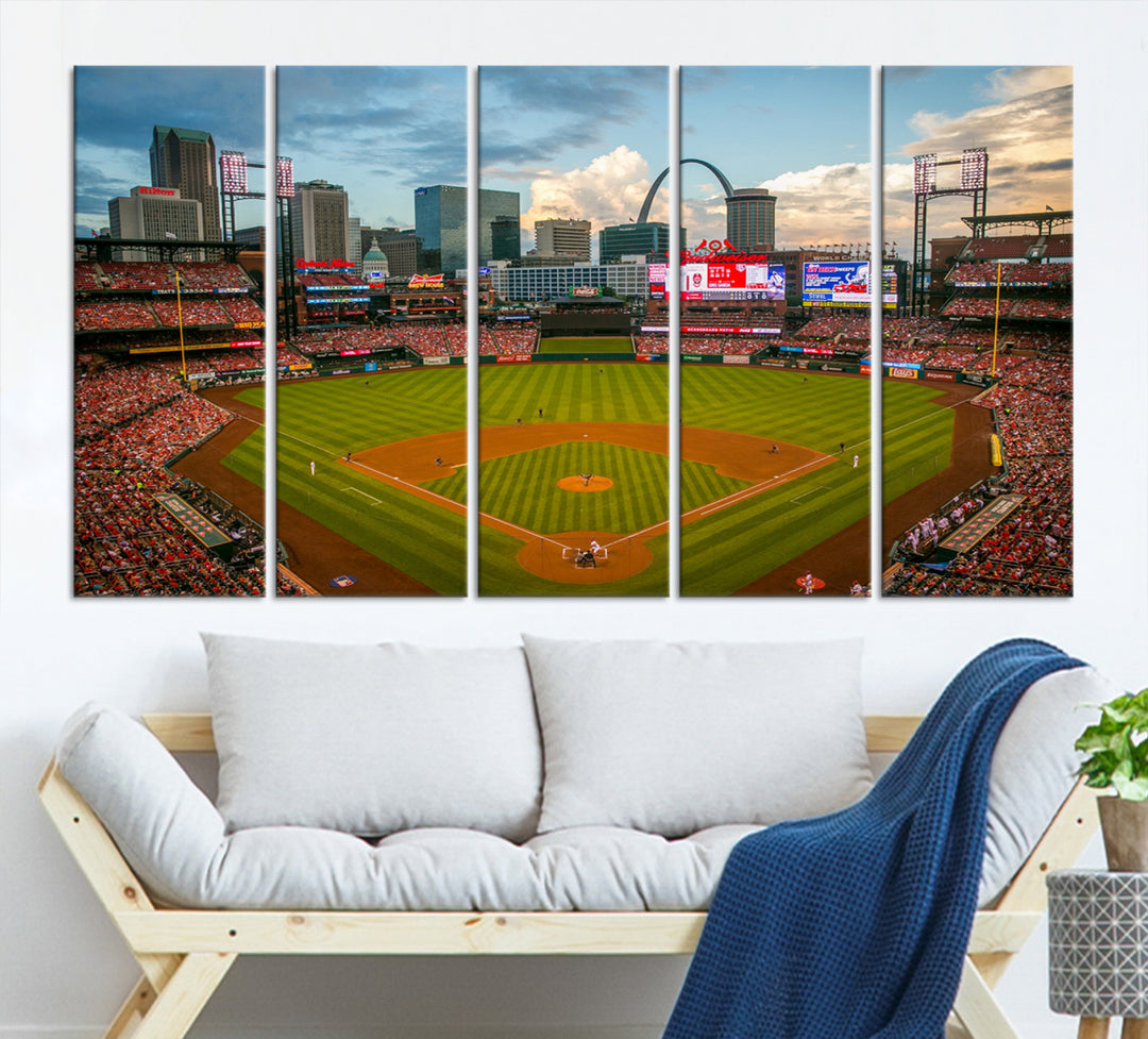 Canvas art of the St. Louis Cardinals Busch Stadium, capturing the citys skyline.