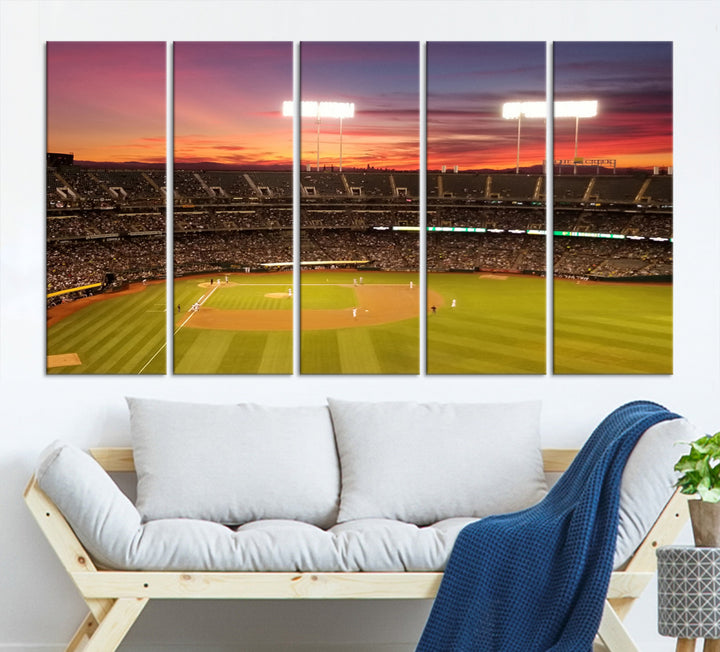 The Oakland Coliseum print is a museum-quality canvas depicting a full crowd and a sunset.