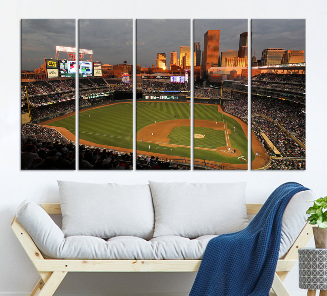 Baseball at Target Field, sunset game, city skyline view.