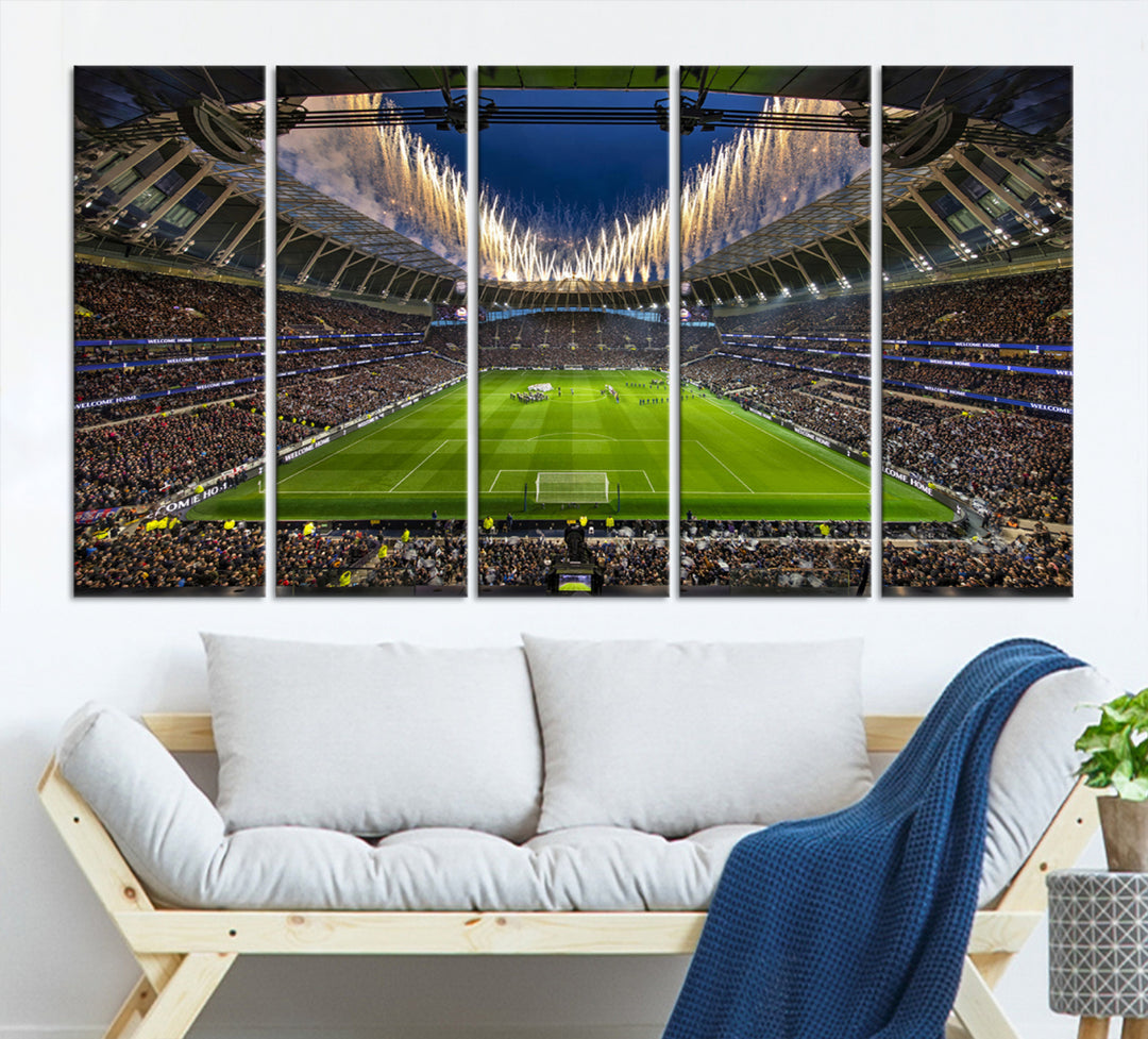 A stunning Tottenham Hotspur Stadium wall art captures the energy of a stadium packed with fans and vibrant lights.