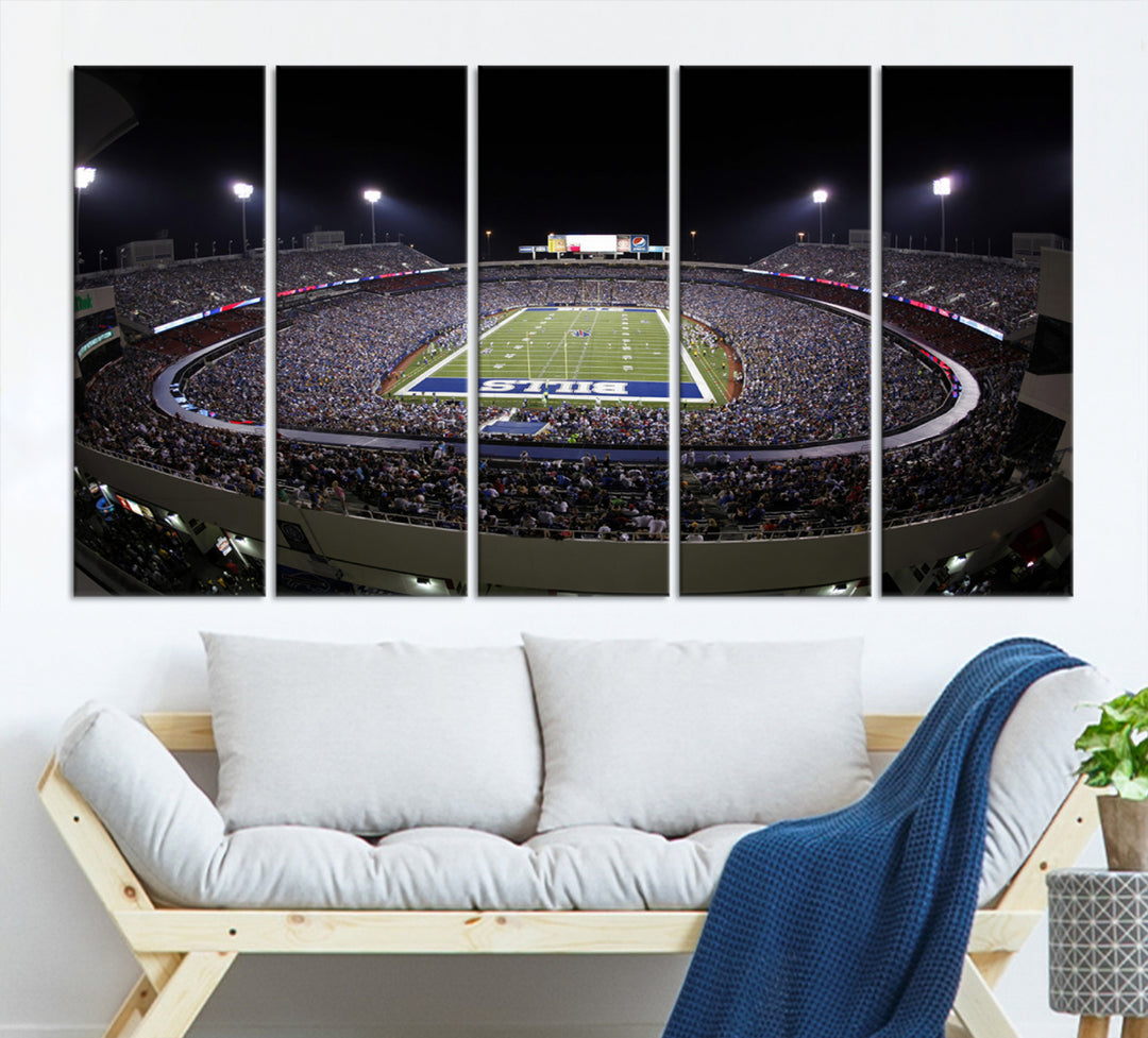 The Buffalo Bills NFL Highmark Stadium at night print captures the bright lights, conveying an exhilarating atmosphere.