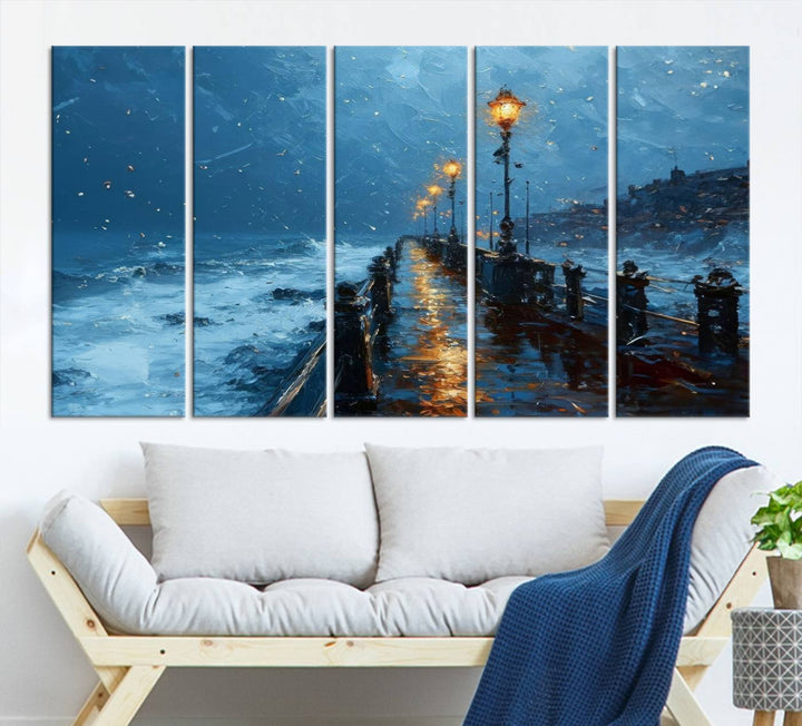 Framed 3-Panel Seaside Night Pier Oil Painting Canvas Wall Art | Ready to Hang Coastal Landscape Art for Modern Living Room, Office, or Bedroom Decor