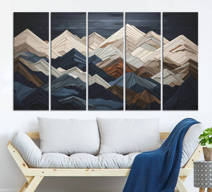 Wood Style Mountain Range Wall Art - Ready to Hang 3-Piece Set for Modern Rustic Decor, Abstract Wooden Design for Living Rooms, Bedrooms & Offices