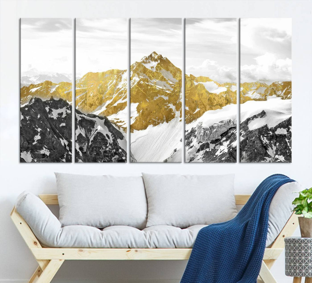 Gold Mountains Wall Art Print on Canvas, Nature Wall Art Print,