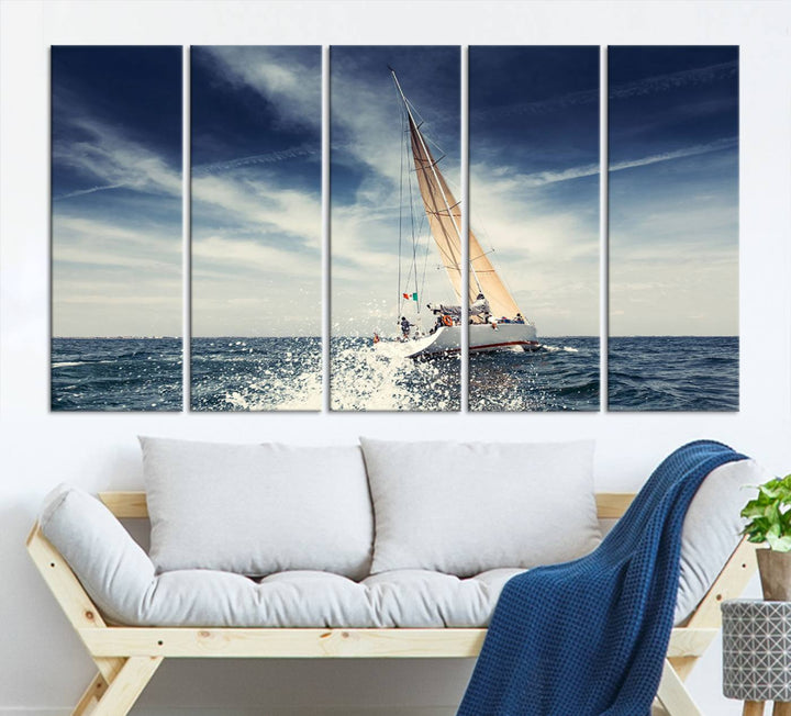 Sailboat Ocean Beach Blue Sky Wall Art Canvas Print