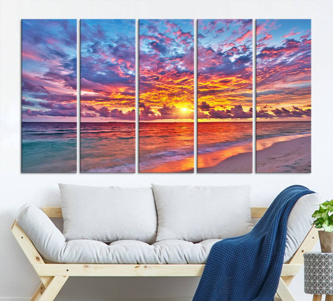 Vibrant Sunset Beach Wall Art | Ocean Sunset Canvas Print | Coastal Wall Art Decor | Ready to Hang | Stunning Sunset Scene for Home or Office Decor