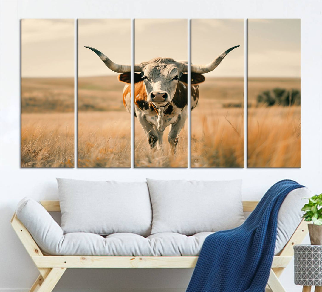 The Texas Cow Longhorn Wall Art Canvas adds rustic charm to the decor.