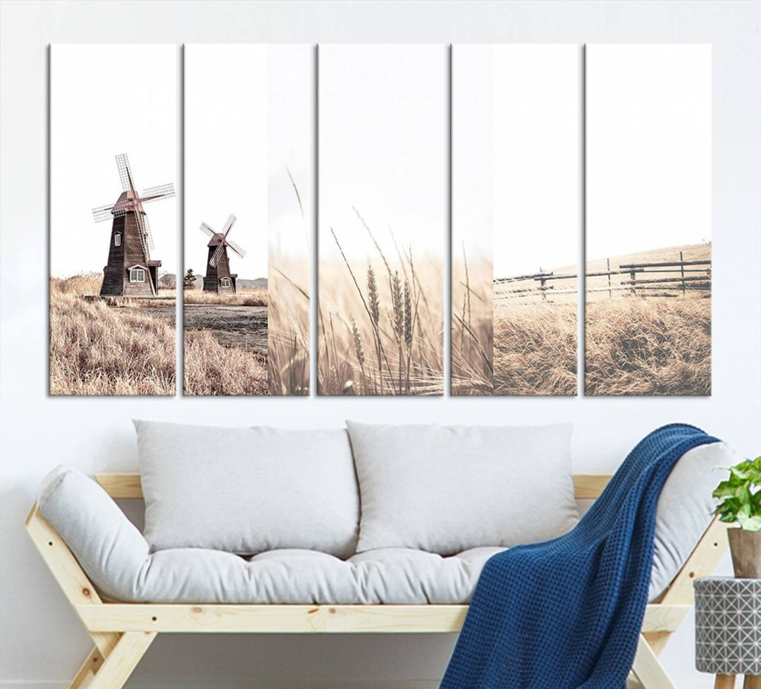 Farmhouse wall art set: 3 giclee canvas prints featuring windmills and wheat fields.