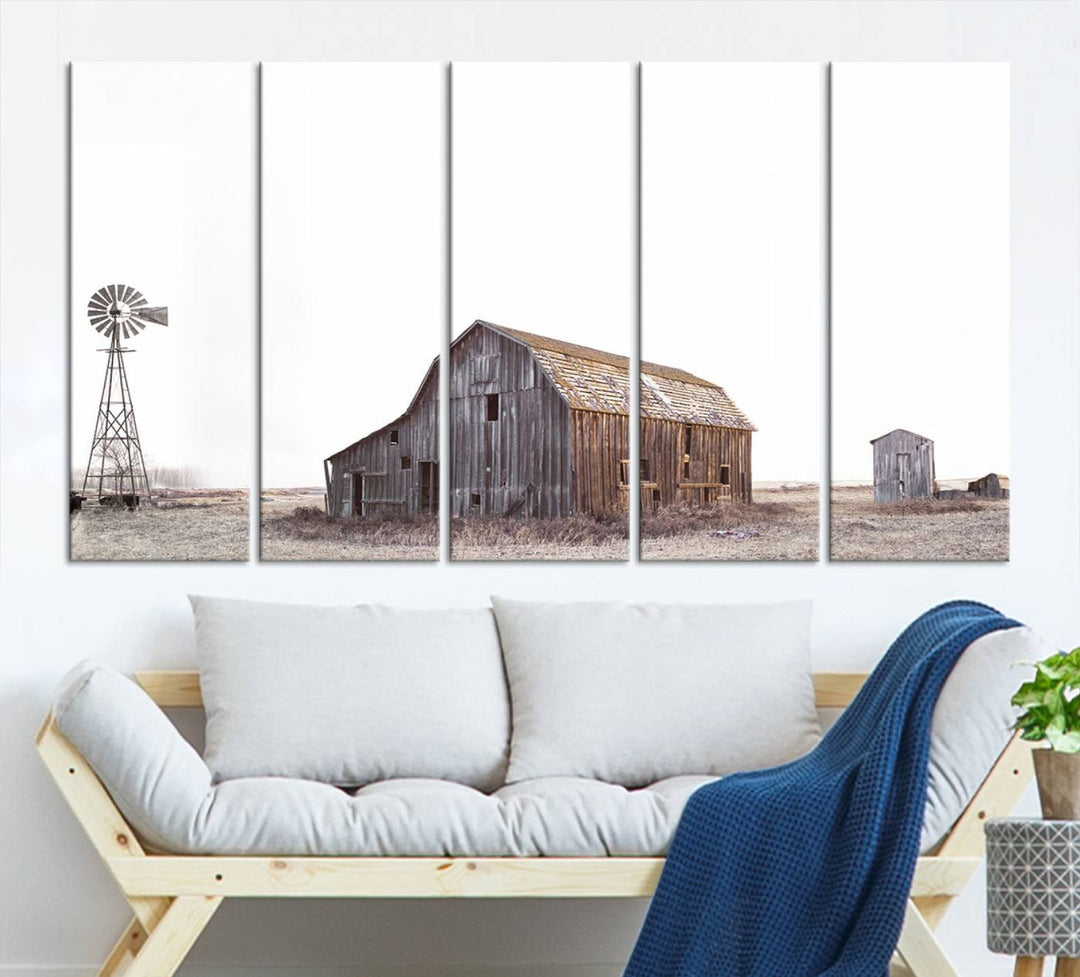 The Set of 3 Rustic Farmhouse Wall Art Prints features a barn, wheat field, and landscape.