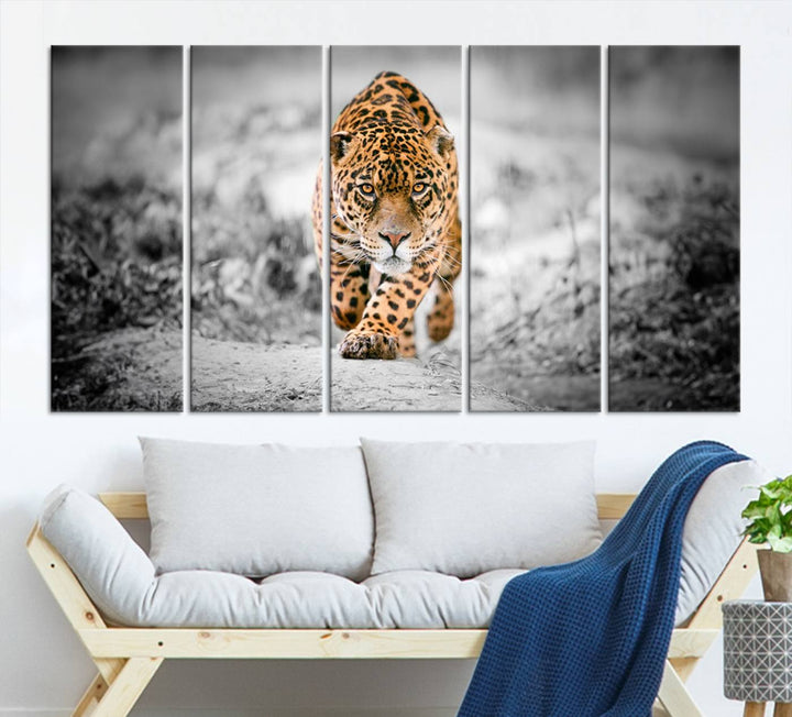 A striking three-panel "Jaguar Stalking Wall Art Canvas Print - Majestic Big Cat in Focused Pursuit" features a leopard walking forward, set against a black and white background.