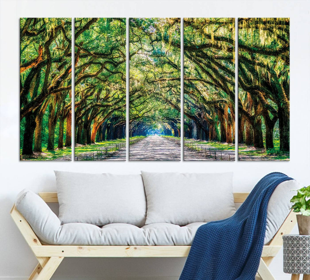 Serene Tree Tunnel Wall Art Canvas Print – Pathway Under Canopy of Lush Green Trees, Nature-Inspired Decor for Living Room – Ready to Hang