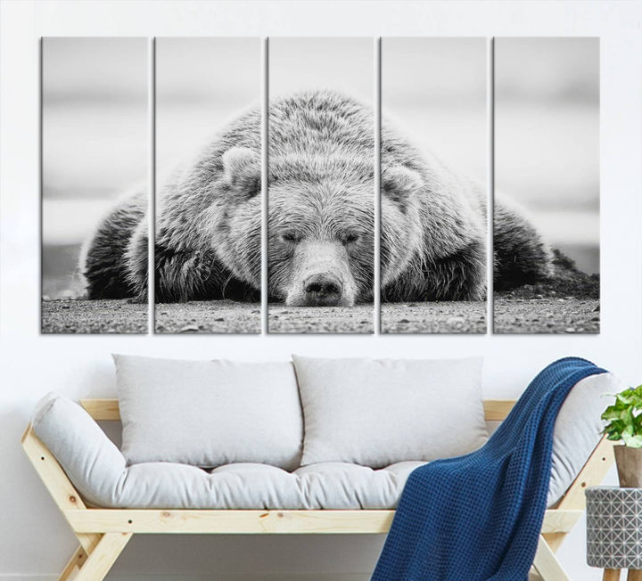 Resting Grizzly Bear wall art displayed in a modern room.