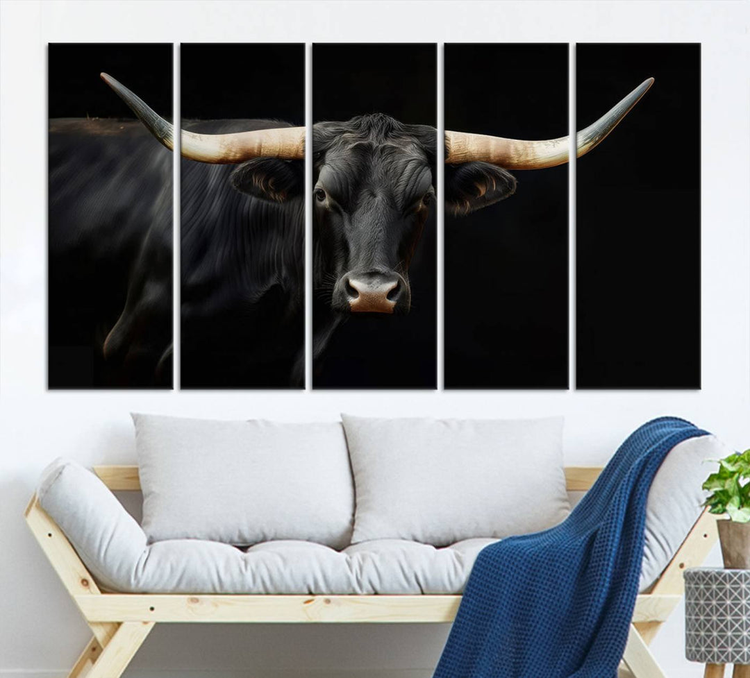 Texas Longhorn Cow | Majestic Black Bull Wall Art Canvas Print - Farmhouse Animal Decor - Ready to Hang