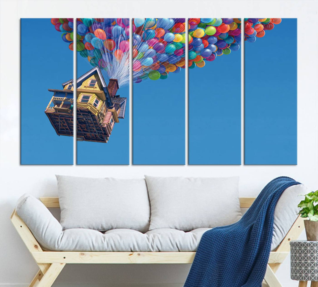 The "Carl Fredricksen, Up Movie Wall Art" features a three-panel design with a house lifted by colorful balloons, adding whimsical decor to any space.