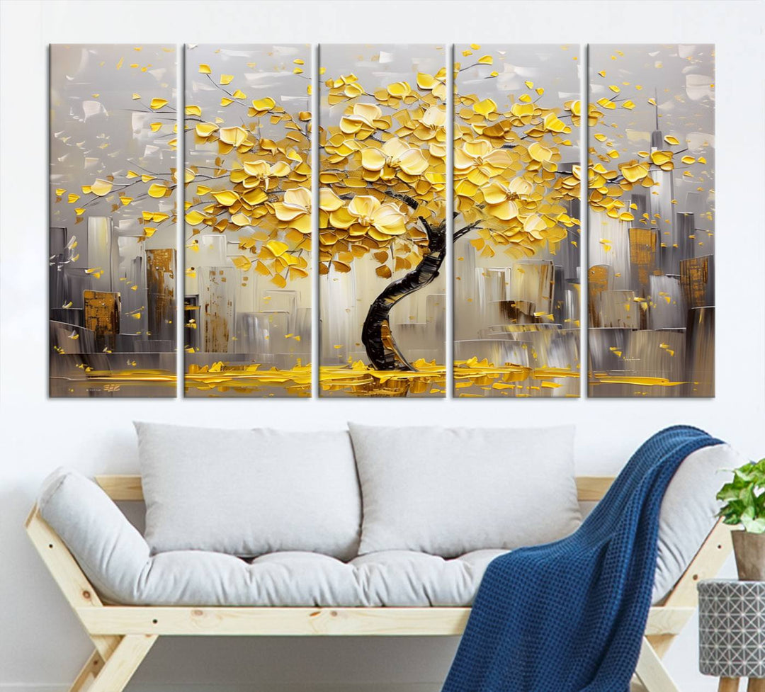 A framed canvas print from the "Golden Tree Canvas Print | Abstract Wall Art for Modern Homes | Ready to Hang Framed Artwork" collection hangs elegantly against the dark wall, epitomizing exquisite abstract wall art.