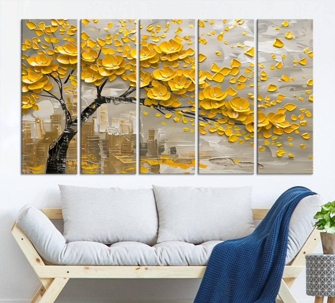 Yellow Blossom Tree Canvas Wall Art, featuring a floral abstract modern design, is elegantly displayed against a dark wall. This sophisticated piece enhances the contemporary aesthetic of the space.