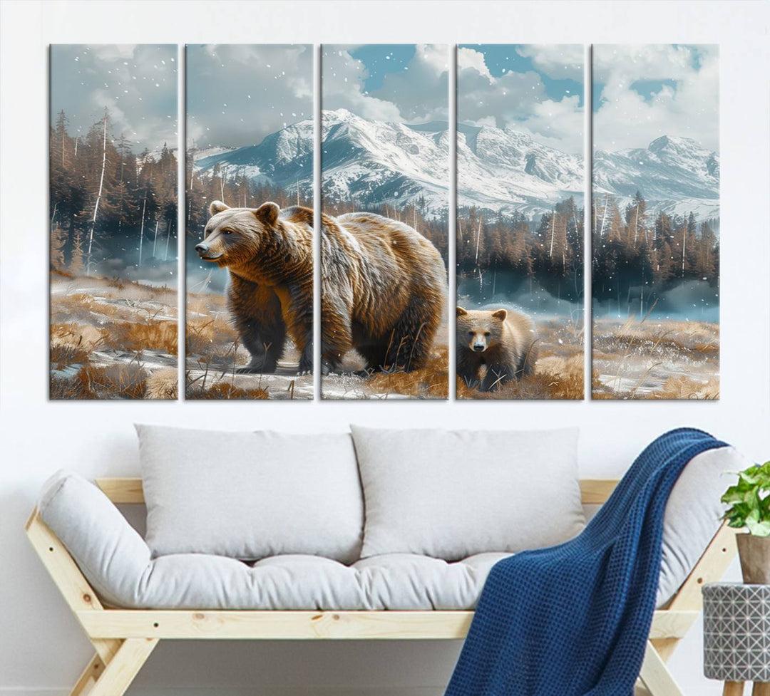 The modern living room features a Bear and Baby Bear Wall Art Canvas Print depicting a snowy mountain landscape, making it a stunning visual piece and a meaningful gift idea.