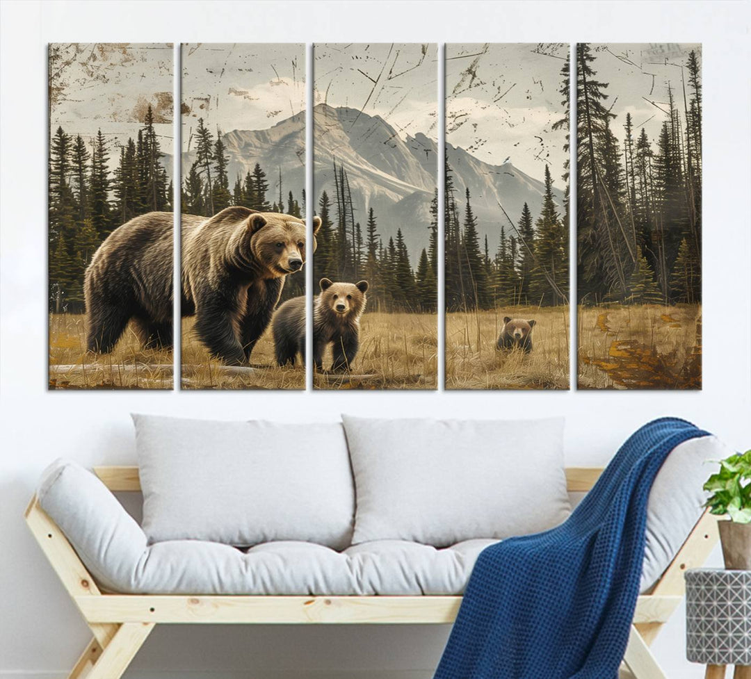 Displaying the Rustic Grizzly 399 Bear Family Wall Art Canvas Print in a modern living space adds remarkable charm. This triptych piece showcases a bear family in the forest, printed on museum-quality canvas and ready to hang, seamlessly enhancing your decor with its striking detail and elegance.