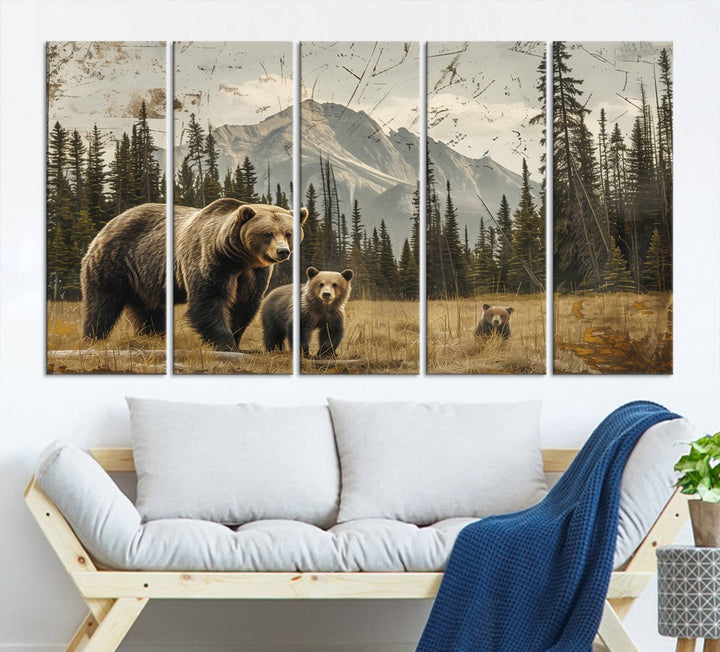 Rustic Grizzly 399: Bear Family Wall Art Canvas Print.