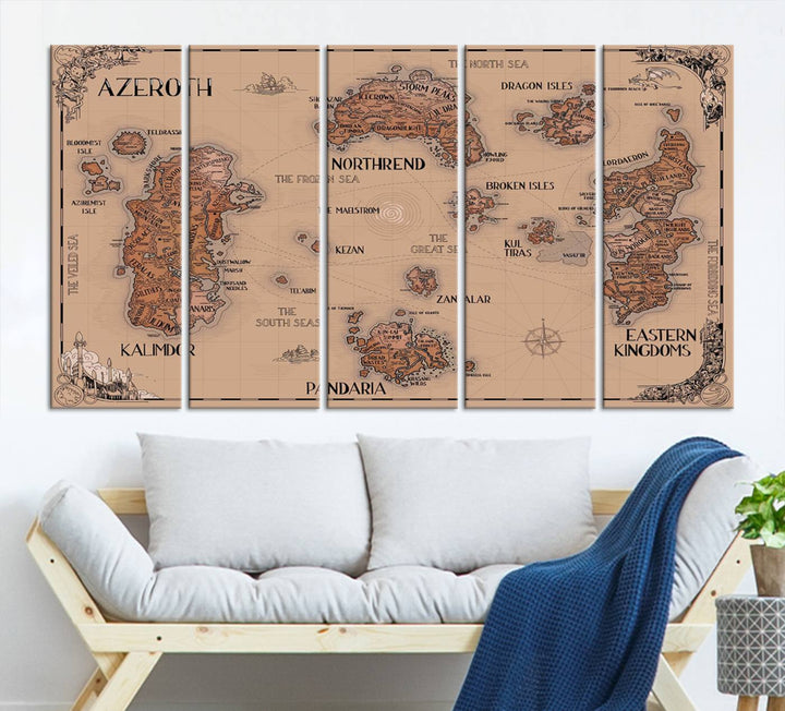 The Vintage Azeroth World Map Canvas Print, a stunning three-piece set, enhances the space with its vintage charm, perfectly complementing your gaming decor.