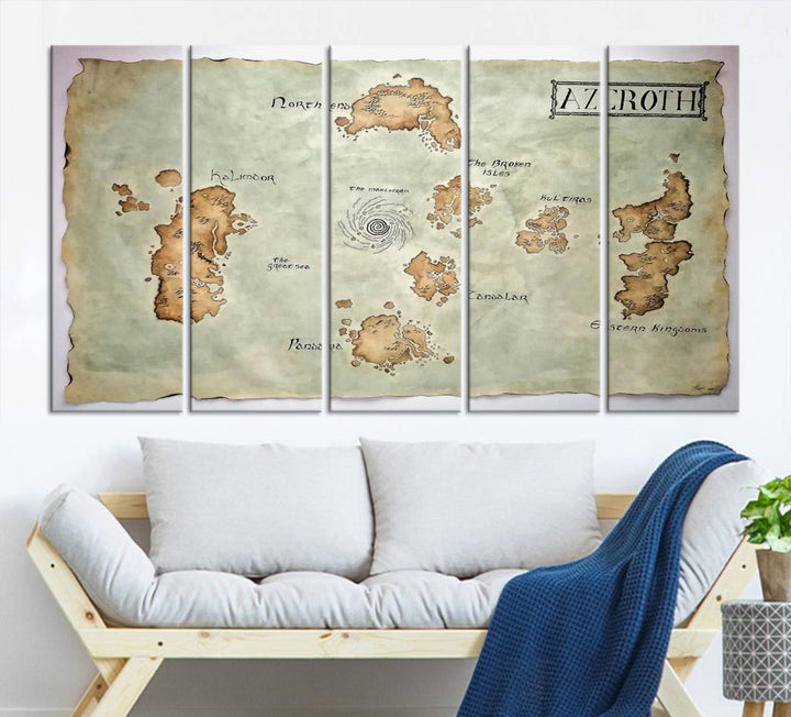 The Azeroth World Map Wall Art Canvas Print, a three-panel vintage piece, brings a cozy fantasy gaming atmosphere to the room.