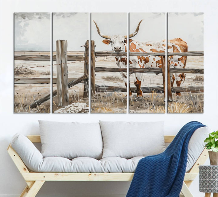 The Abstract Longhorn Cow Wall Art, a ready-to-hang framed canvas print, adds rustic charm and perfectly captures the essence of rural elegance.