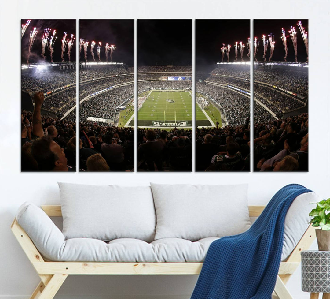 The living room features a spectacular Philadelphia Eagles Football Team Print. This wall art canvas print of Lincoln Financial Field at night captures a Philadelphia Eagles game under the dazzling brilliance of fireworks, making it an eye-catching centerpiece.