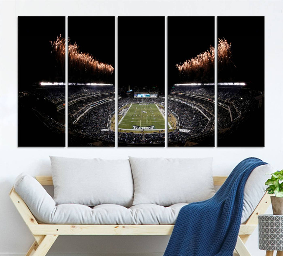 A stunning triptych wall art featuring the Philadelphia Eagles Football Team Print, capturing Lincoln Financial Field with spectacular fireworks.