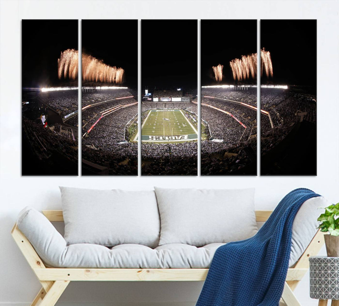 Experience the breathtaking Lincoln Financial Field Fireworks Game captured in this triple canvas wall art. A must-have for any Philadelphia Eagles fan!