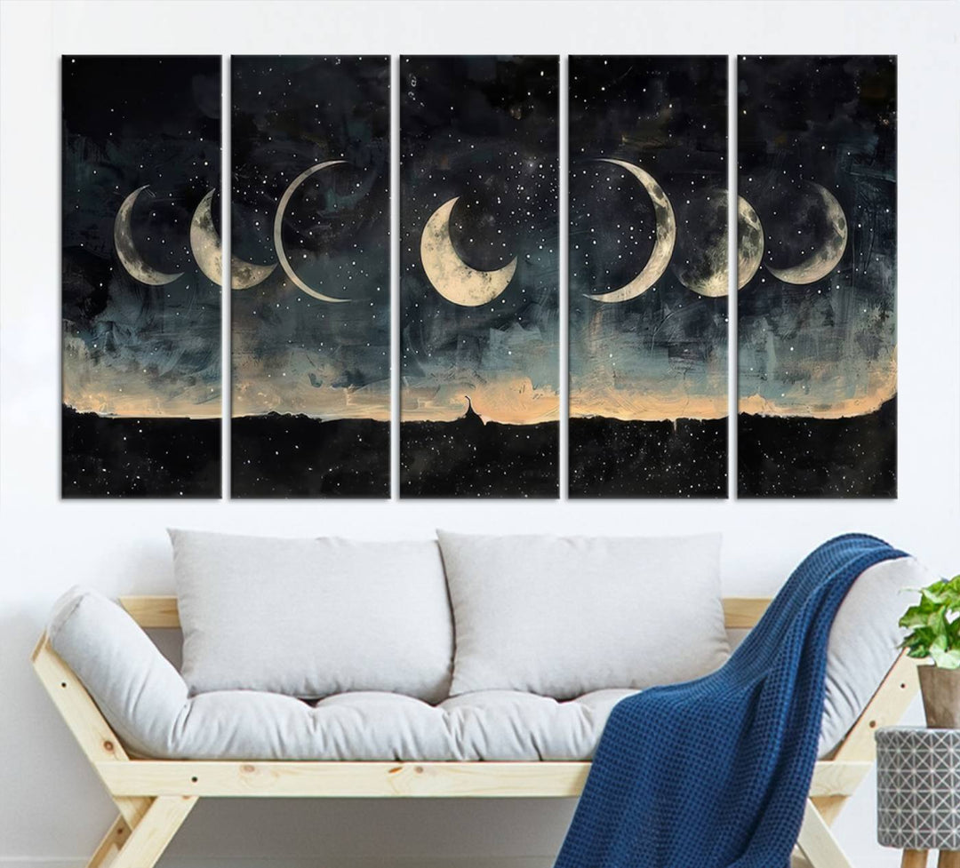 The "Phases of the Moon Wall Art," a framed canvas series capturing the celestial beauty of lunar cycles against a starry night, adds an elegant touch to the contemporary dining room.