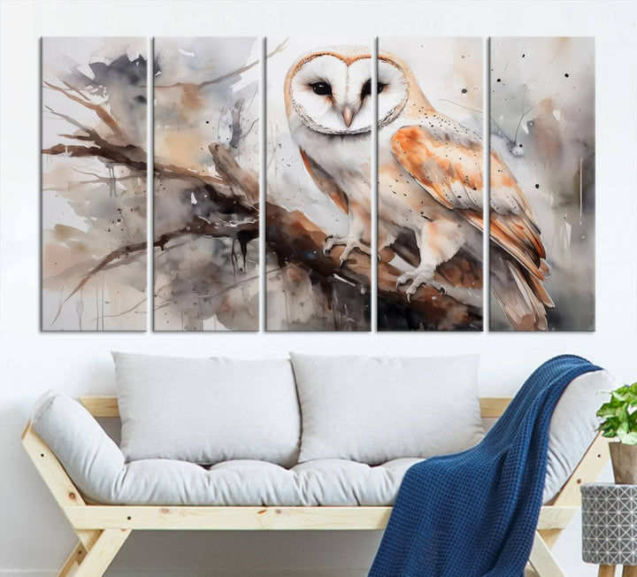 The Barn Owl Wall Art, a watercolor canvas print, elegantly adorns the wall in a modern living room, seamlessly merging farmhouse wall decor with contemporary style.