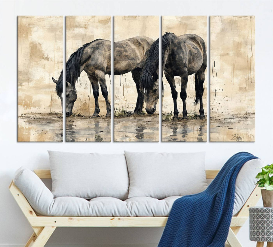 Chines Ink Style Black Horses Wall Art Canvas Print features a triptych painting of two horses drinking at the water's edge.