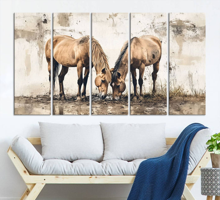 The Vintage Horses Wall Art, a ready-to-hang and framed triptych, beautifully captures two horses gracefully grazing. It perfectly complements the rustic charm of western farmhouse wall decor.