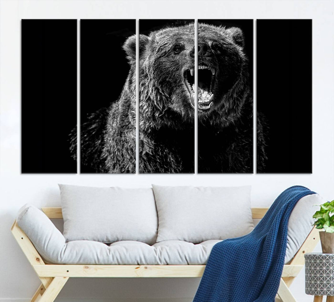 A striking Bear Canvas Print, perfect for cabin decor and ready to hang, is displayed in the modern living room, adding a touch of wildlife art to the sleek design.