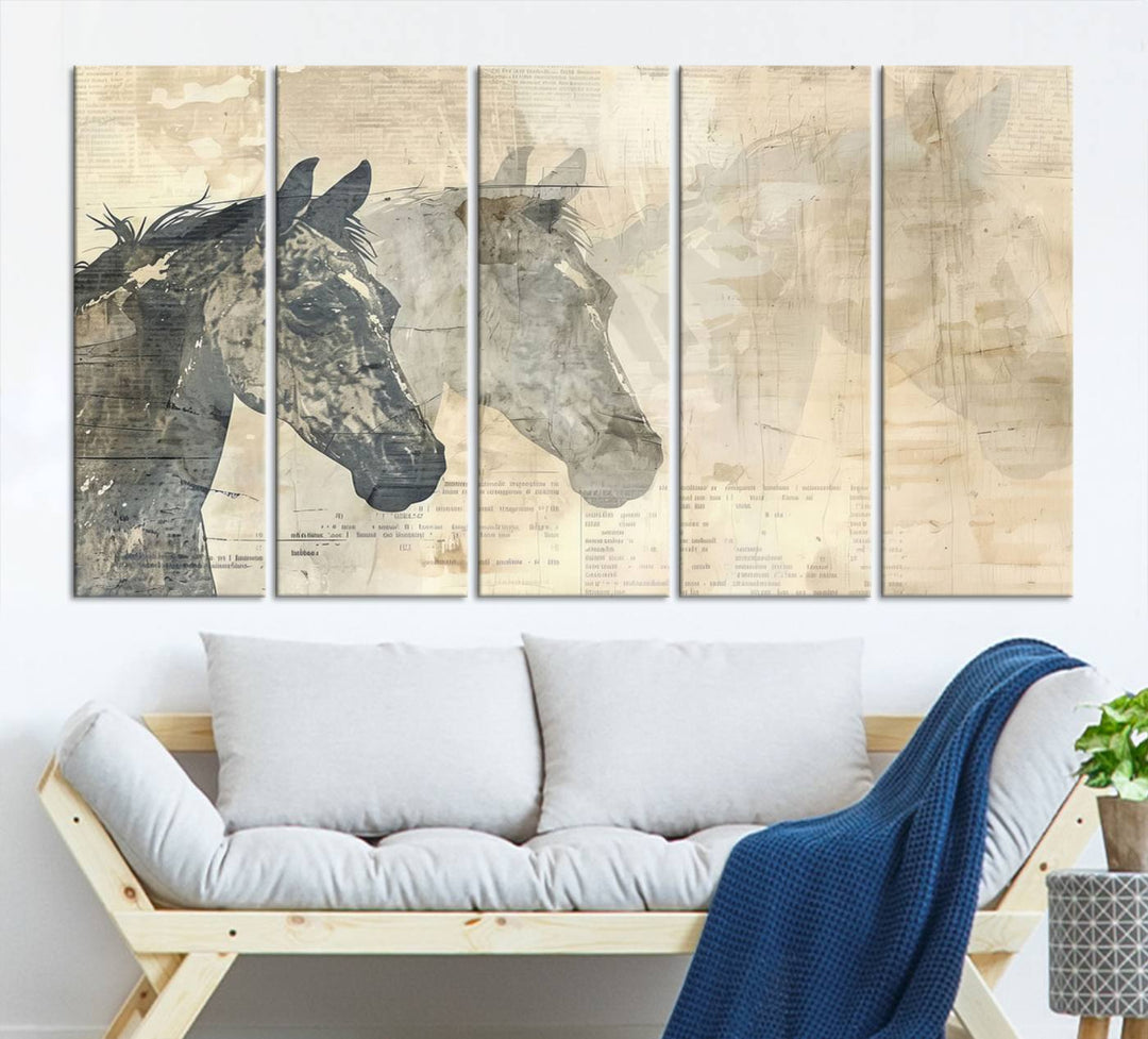 The Abstract Horse Canvas Print, part of the Modern Farmhouse Wall Art collection and ready to hang with its framed design, enhances the decor when displayed as a three-panel set on a dark wall.