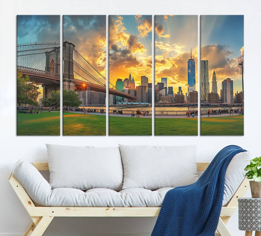 The "Brooklyn Bridge New York Skyline Wall Art" is a ready-to-hang framed canvas print that beautifully captures the cityscape at sunset, showcasing the iconic Brooklyn Bridge and majestic skyscrapers.