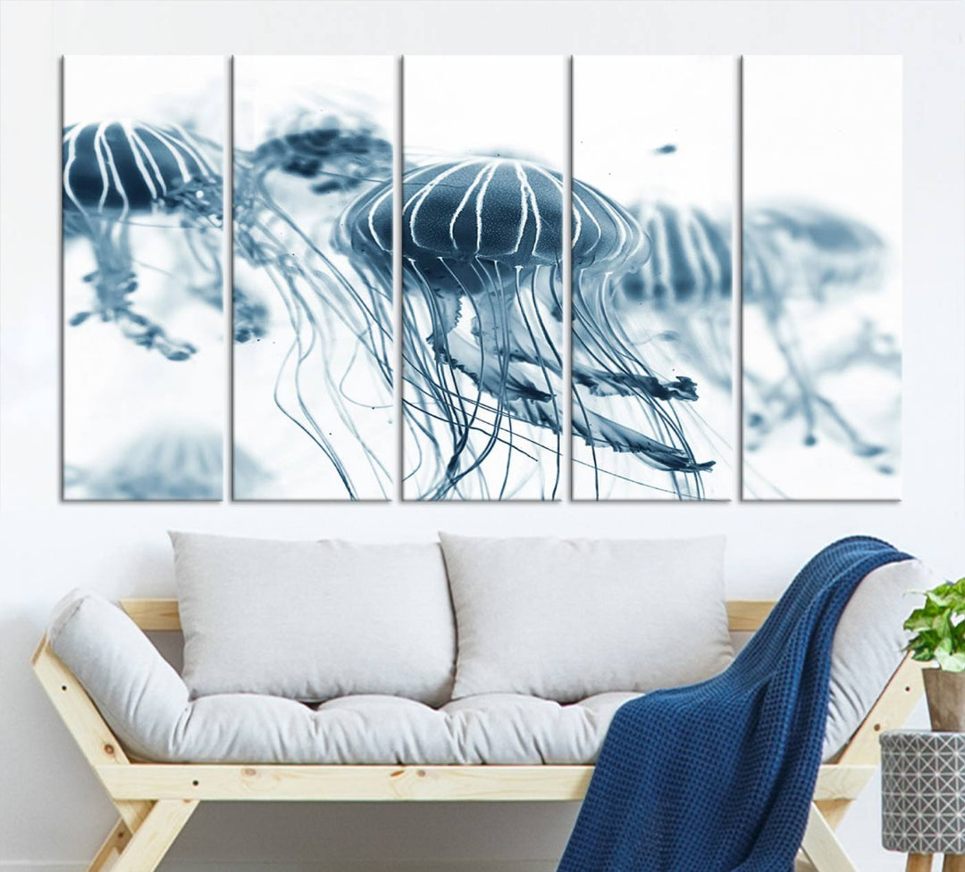 The Abstract Jellyfish Wall Art Canvas Print, a three-panel piece featuring high-resolution printing, hangs elegantly in the room, adding vibrant detail to the space.