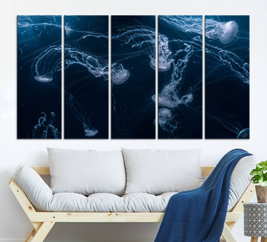 Room with modern decor, featuring the Abstract Jellyfish in Ocean Wall Art Canvas Print on museum-quality canvas.