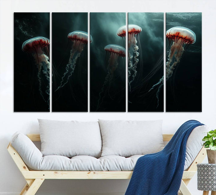 The Abstract Jellyfish Wall Art Canvas Print, framed in the USA and showcased on museum-quality canvas with high-resolution printing, adds a decorative touch to the space.