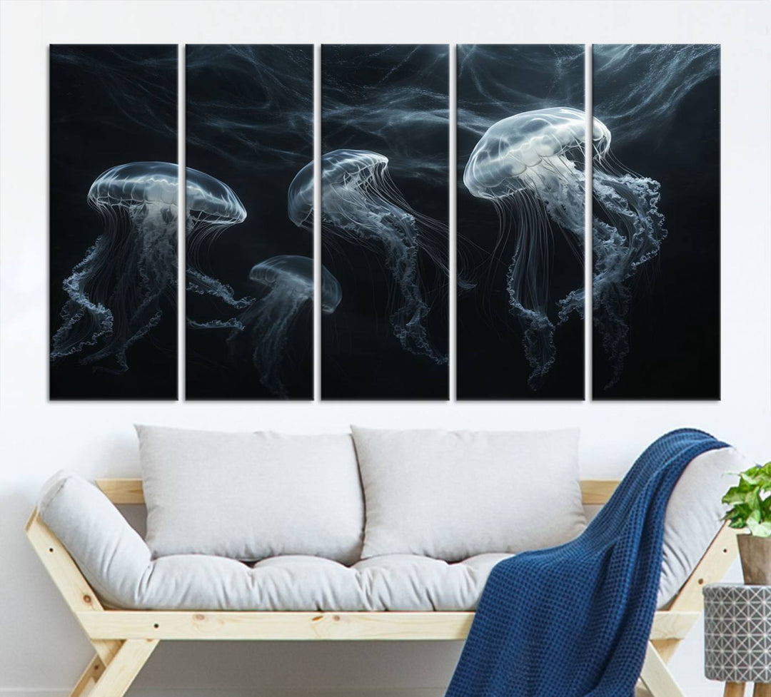 The Jellyfish Wall Art Canvas Print features glowing jellyfish in vibrant colors on museum-quality canvas.