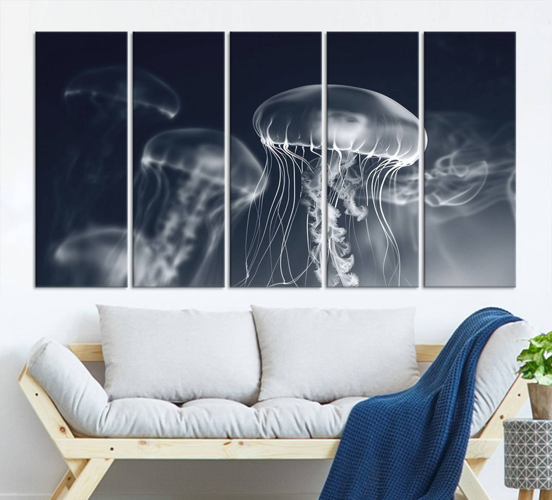 A stunning Jellyfish Wall Art Canvas Print showcases museum-quality canvas through high-resolution printing.