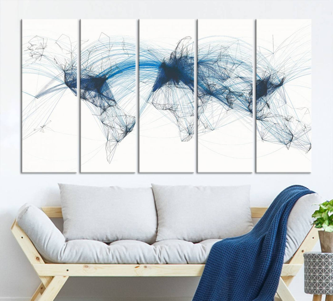 The Aviation Flight Map Wall Art is a set of three abstract panels featuring a world map with blue lines, resembling a flight map. Ideal for aviation enthusiasts, this ready-to-hang framed air traffic art print enhances the appeal of modern decor.