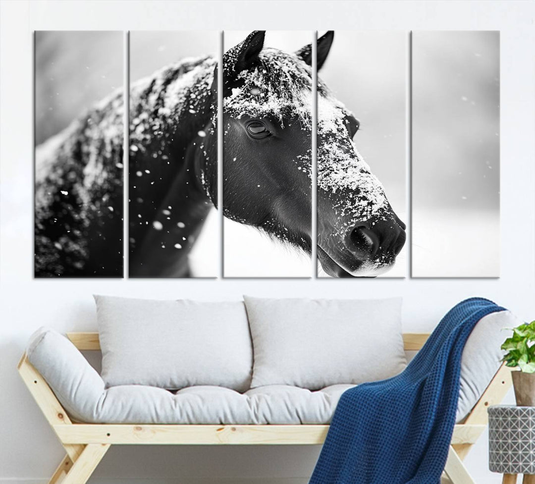 A set of Winter Horse Snow Wall Art Canvas Prints hangs, creating the perfect touch of Rustic Cabin Decor.