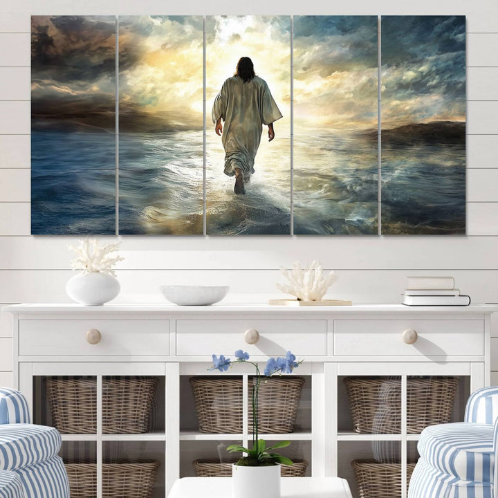 The Jesus Walking on Water Wall Art, a captivating triptych canvas print, showcases a person walking on water beneath dramatic clouds. This ready-to-hang piece seamlessly combines faith and style for your Christian home decor.