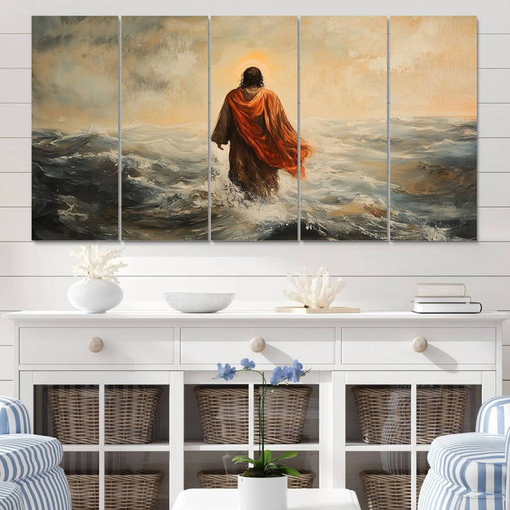 This triptych wall art, titled "Jesus Walking on Water," presents a figure in a red cloak crossing turbulent seas. It is perfect for those looking for religious home decor with a contemporary flair.