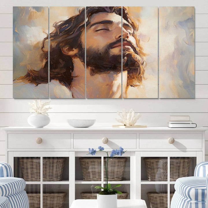 This museum-quality canvas print, titled "Jesus Portrait," features an oil painting style depiction of Jesus Christ with a closed-eyed expression. The high-resolution printing captures every detail beautifully.