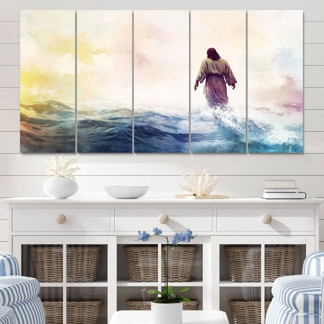 Watercolor Jesus Walking on Water Canvas Print, Christian Wall Art, Jesus Christ Walking