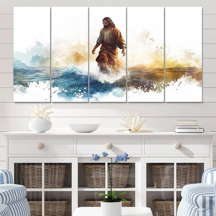 Watercolor Jesus Walking on Water Canvas Print, Christian Wall Art, Jesus Christ Walking