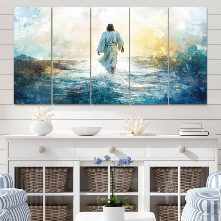 Watercolor Jesus Walking on Water Canvas Print, Christian Wall Art, Jesus Christ Walking